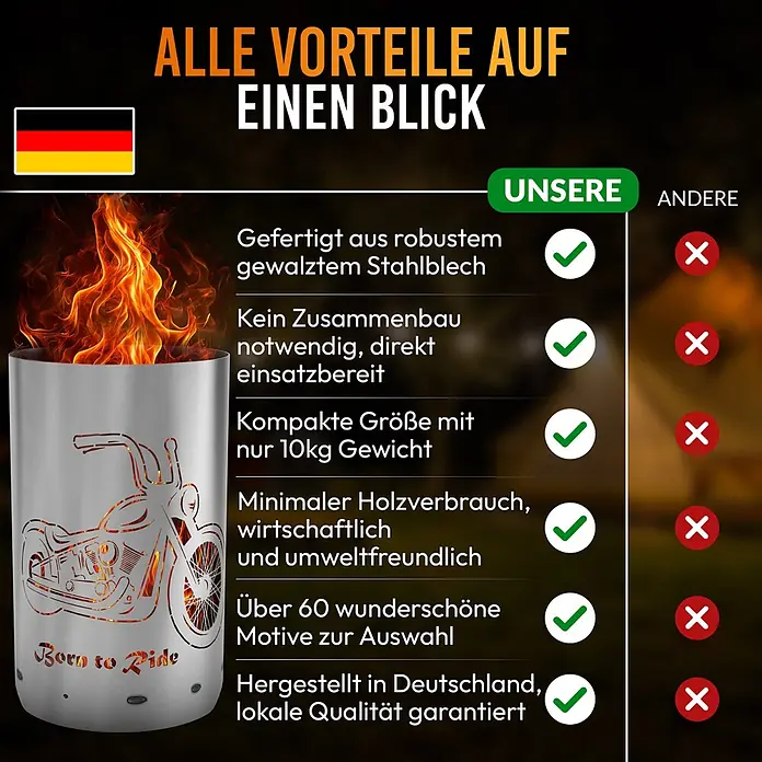 TiKo-Design Holzkohlegrill Feuertonne-Born to ride - Grau - Metall-Feuerschale mit Motorrad-Motiv und Flammen, daneben eine Vorteils-Vergleichstabelle, u.a. „Made in Germany“.