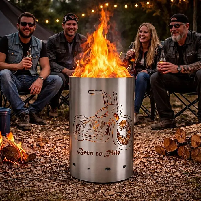 TiKo-Design Holzkohlegrill Feuertonne-Born to ride - Grau - Feuerstelle aus Edelstahl mit gelasertem Motorrad-Design und "Born to Ride"-Text, draußen von Personen am Feuer genutzt.