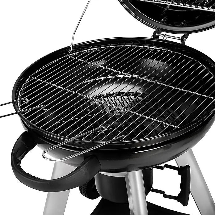 TAINO Holzkohlegrill NEO - Durchmesser Grillfläche: 54 cm, Schwarz - Schwarzer Holzkohlegrill mit Chromrosten, offenem Deckel und Griff, bereit zum Grillen.