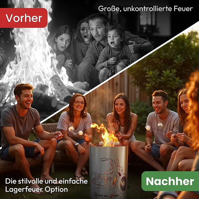 TiKo-Design Holzkohlegrill Feuertonne-Born to ride - Grau - Zylindrische Feuerstelle aus Edelstahl mit Motorrad-Ausschnitten, für kontrolliertes Lagerfeuer und Marshmallow-Rösten.