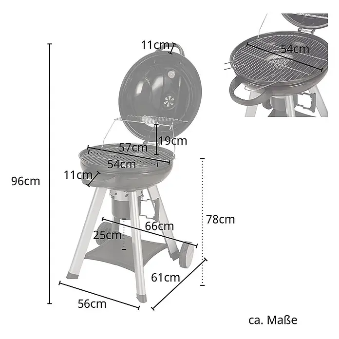 TAINO Holzkohlegrill NEO - Durchmesser Grillfläche: 54 cm, Schwarz - Schwarzer runder Kugelgrill mit Deckel, silbernen Beinen und Rädern, detailliert mit Maßen.
