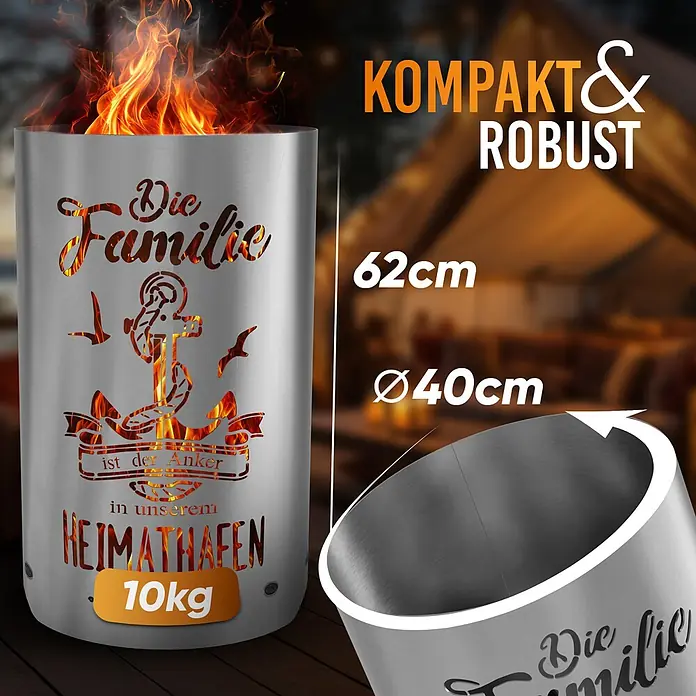 TiKo-Design Holzkohlegrill Feuertonne-Familie -  - Edelstahl-Feuerfass mit Familienmotiv-Ausschnitten, zeigt Flammen. Maße: 62cm H, 40cm Ø, 10kg Gewicht.