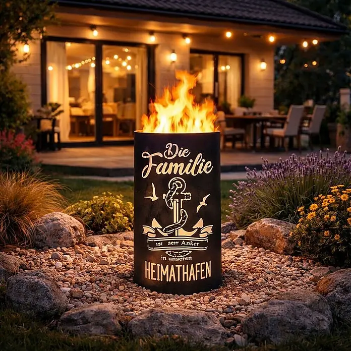 TiKo-Design Holzkohlegrill Feuertonne-Familie -  - Schwarze Metall-Feuersäule mit ‚Die Familie ist der Anker in unseren Heimathafen‘ und Anker-Motiv, brennend im Garten.