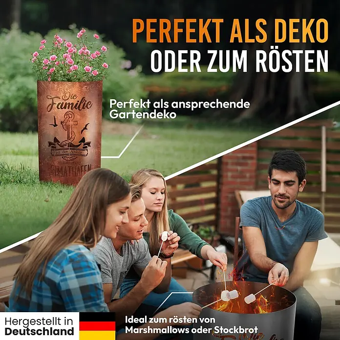 TiKo-Design Holzkohlegrill Feuertonne-Familie -  - Vielseitige Stahl-Feuerschale/Pflanzkübel mit Anker-Design, als Gartendeko und zum Marshmallow-Rösten genutzt.