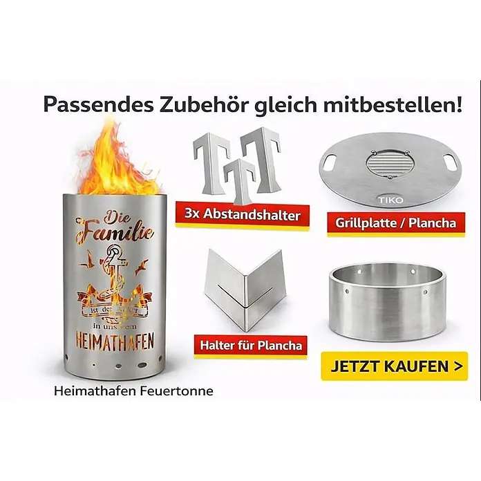 TiKo-Design Holzkohlegrill Feuertonne-Familie -  - Eine silberfarbene Feuertonne mit dekorativen Ausschnitten und passendem Metall-Grillzubehör.