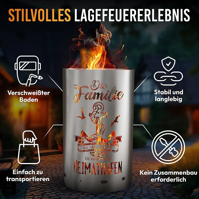 TiKo-Design Holzkohlegrill Feuertonne-Familie -  - Edelstahl-Feuerschale mit Anker- und Familienmotiv-Ausschnitten, von echten Flammen erleuchtet.