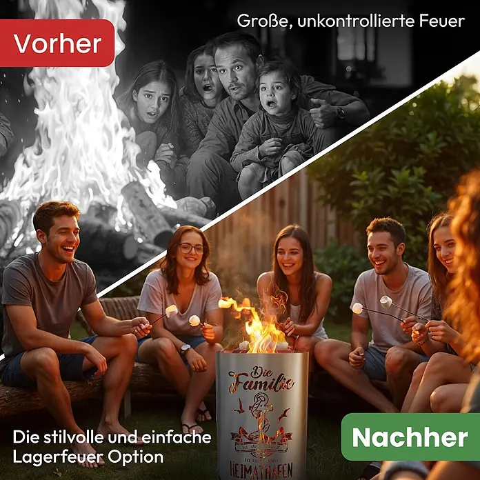 TiKo-Design Holzkohlegrill Feuertonne-Familie -  - Silberne, zylindrische Feuerstelle mit Familienmotiv-Ausschnitt, von Jugendlichen zum Marshmallowrösten im Garten genutzt.