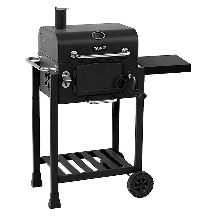 TAINO Holzkohlegrill HERO - Schwarz - Schwarzer Holzkohlegrill mit Deckel, integriertem Thermometer, Seitenablage, unterem Rost und Rollen.