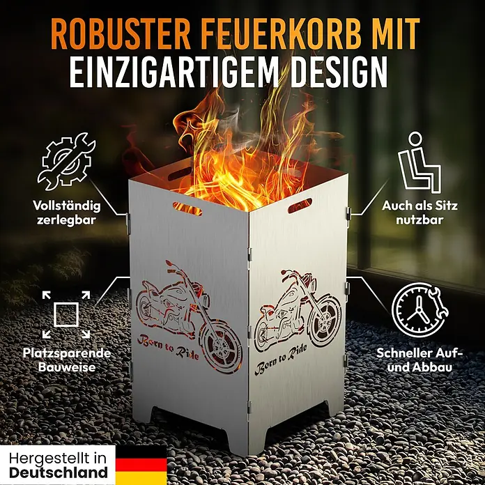 TiKo-Design Holzkohlegrill Feuerkorb-Born to ride - silbergrau - Feuerkorb aus gebürstetem Metall mit Motorrad-Ausschnitten und brennendem Feuer auf Kiesboden.