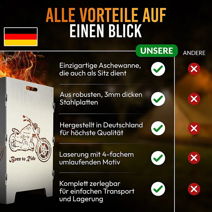 TiKo-Design Holzkohlegrill Feuerkorb-Born to ride - silbergrau - Zerlegbare Metall-Feuerschale mit gelaserter Motorrad-Design und "Born to Ride"-Text, aus robustem Stahl.