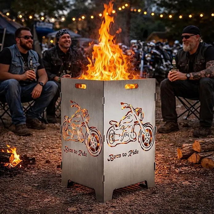 TiKo-Design Holzkohlegrill Feuerkorb-Born to ride - silbergrau - Metallene Feuerstelle mit Motorrad-Ausschnitten und „Born to Ride“-Schriftzug, leuchtend mit Feuer, im Freien mit Menschen genutzt.