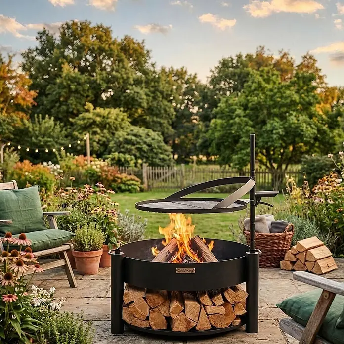 Bene on Fire Holzkohlegrill Washington mit Grillrost - Durchmesser Grillfläche: 60 cm, schwarz - Schwarze Metall-Feuerstelle mit Grillaufsatz über brennendem Feuer, Holz lagernd, in einem üppigen Garten.