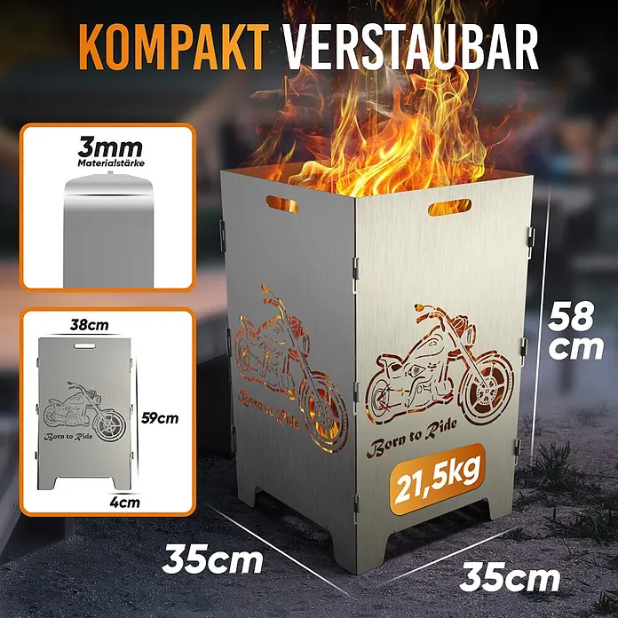 TiKo-Design Holzkohlegrill Feuerkorb-Born to ride - silbergrau - Gebürstete Metall-Feuerschale mit Motorrad-Design, brennend. Zeigt 3mm Material, 21,5kg Gewicht und Maße für kompakte Lagerung.