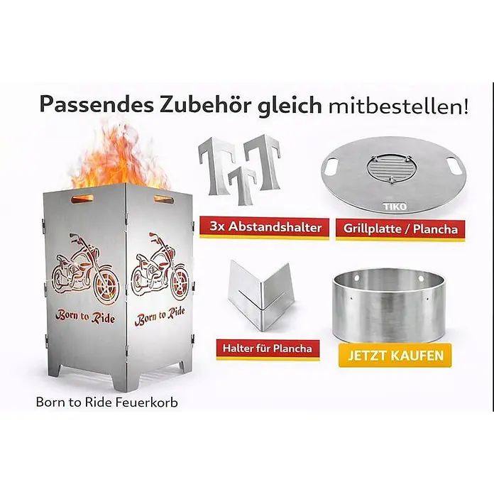 TiKo-Design Holzkohlegrill Feuerkorb-Born to ride - silbergrau - Edelstahl-Feuerkorb mit 'Born to Ride'-Motorraddesign und Zubehör: Grillplatte, Abstandshalter und Halterung.