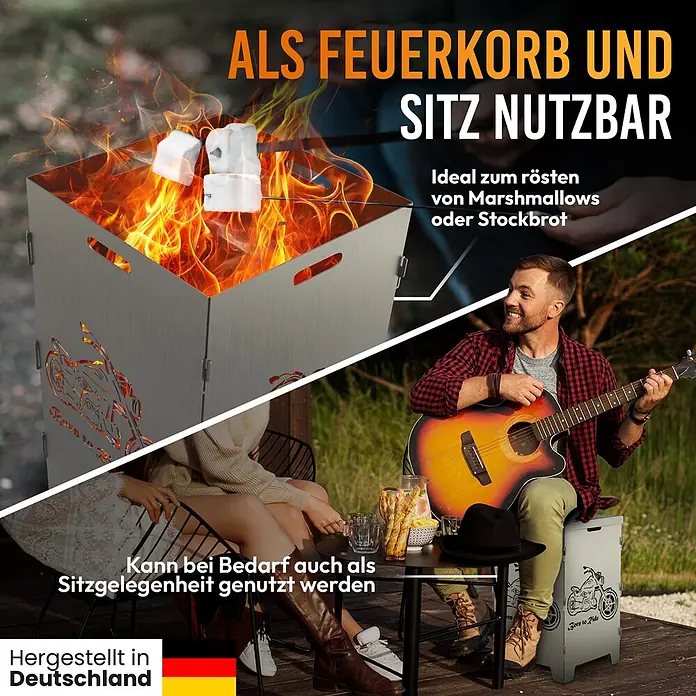TiKo-Design Holzkohlegrill Feuerkorb-Born to ride - silbergrau - Vielseitige Metall-Feuerschale mit Motorrad-Design, als Feuerkorb zum Marshmallow-Rösten und als Hocker im Freien genutzt.