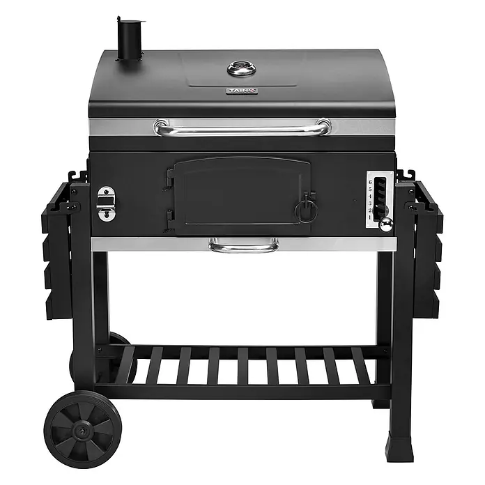 TAINO Holzkohlegrill -  - Schwarzer Metall-Holzkohlegrill mit Rädern, Seitenablagen und einstellbarer Kohleschale.