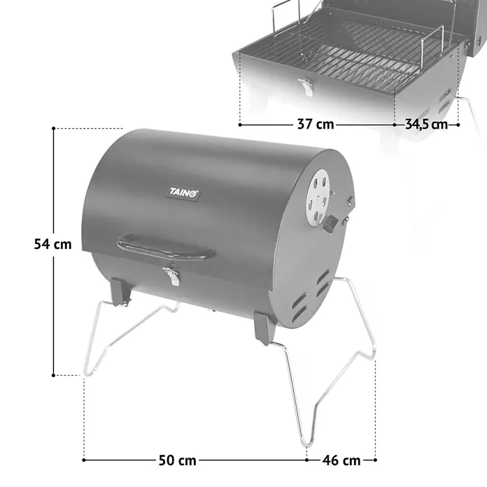 TAINO Holzkohlegrill CHAROX - Schwarz - Dunkelgrauer Metall-Holzkohle-Fassgrill mit seitlichen Lüftungsschlitzen, Griff und Klappbeinen. Maße: H54xB50xT46 cm, Grillfläche 37x34,5 cm.