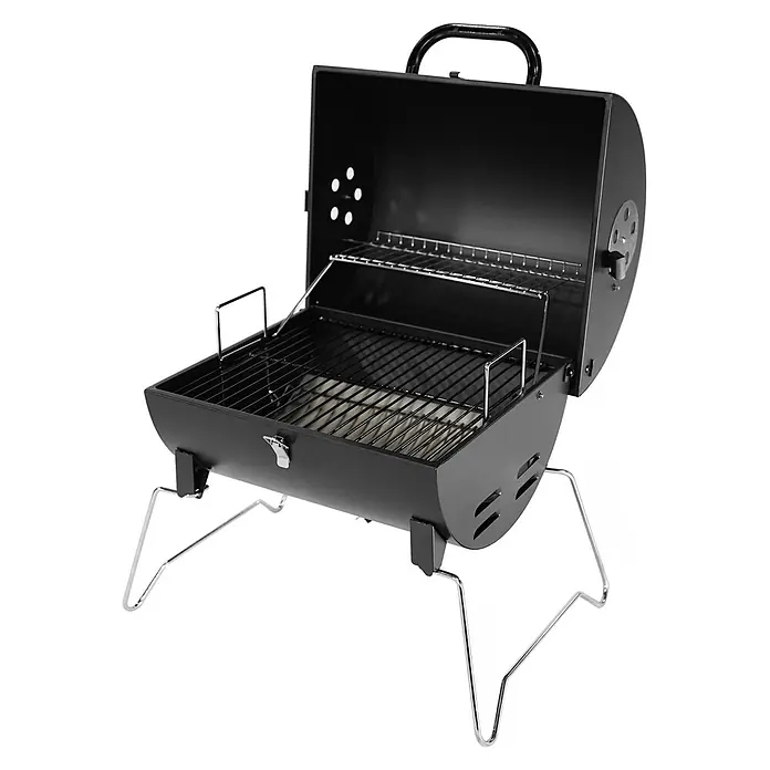 TAINO Holzkohlegrill CHAROX - Schwarz - Schwarzer tragbarer Holzkohlegrill mit Klappdeckel, Grillrost, Warmhalterost und klappbaren Metallbeinen.