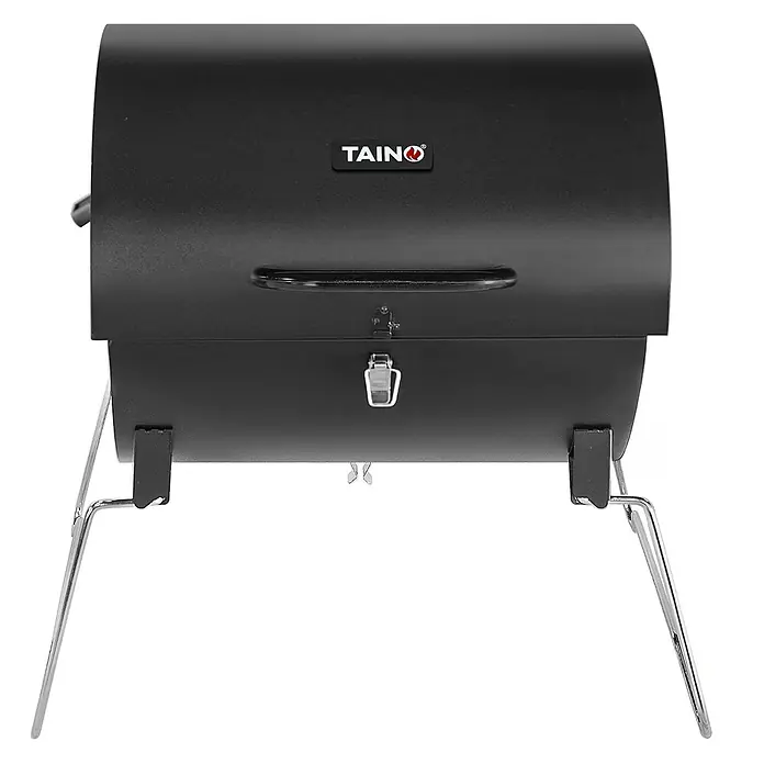 TAINO Holzkohlegrill CHAROX - Schwarz - Schwarzer tragbarer Metallgrill mit Chrombeinen, stabilem Frontgriff und Verschluss.