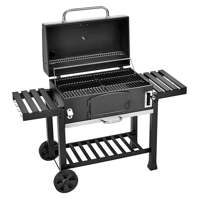 TAINO Holzkohlegrill -  - Schwarzer Holzkohlegrill mit offenem Deckel, Grillrosten, Seitenablagen, Rädern und einer unteren Ablage für einfaches Grillen.