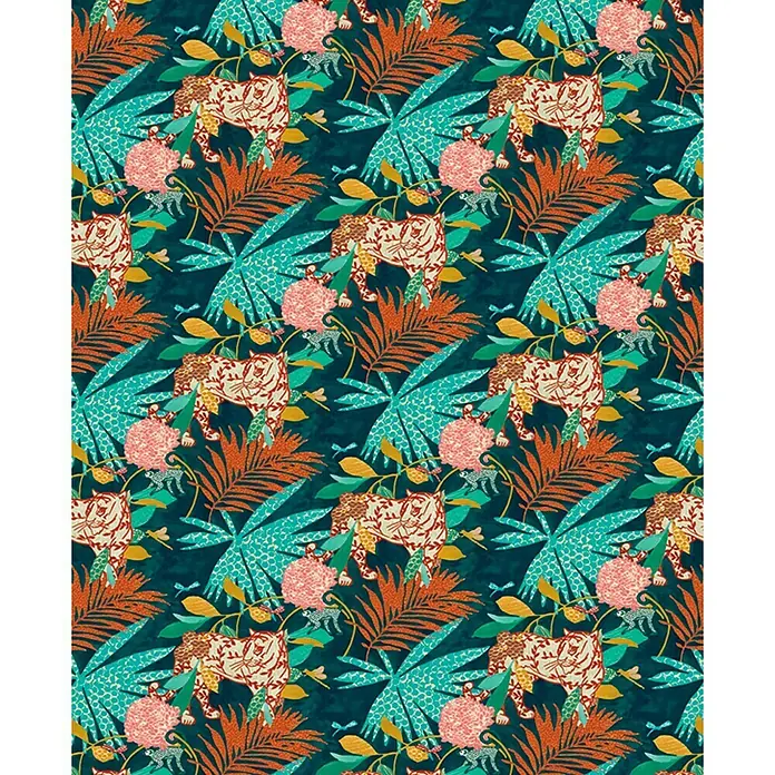 SCHÖNER WOHNEN-Kollektion Fototapete Digitaldruck - 212 x 270 cm, Bunt/Blau - Farbenfrohes Dschungel-Muster mit Tigern, Blumen und Blättern auf dunkelblauem Grund für vielseitige Designprojekte.