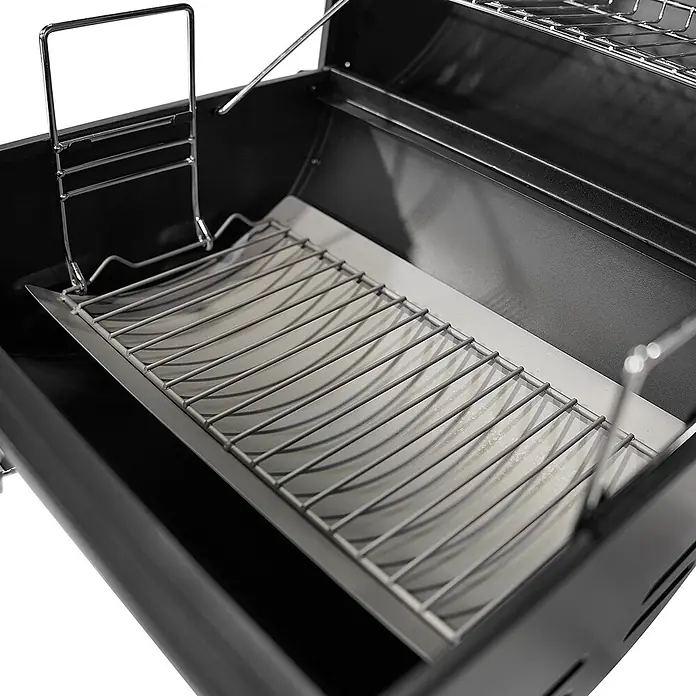 TAINO Holzkohlegrill CHAROX - Schwarz - Schwarzer Grillinnenraum mit verstellbarer Chromdrahtstütze, grauem Metallkohlerost und Aschewanne.