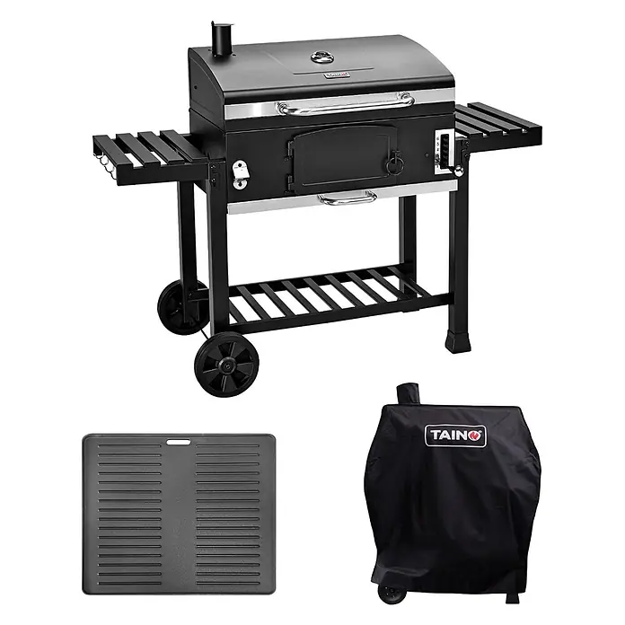 TAINO Holzkohlegrill -  - Schwarzer TAINO Holzkohlegrill auf Rollen mit Seitenablagen, verstellbarem Rost, Gusseisenplatte und Abdeckhaube.