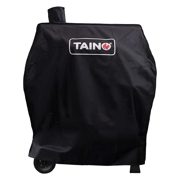 TAINO Holzkohlegrill -  - Schwarze TAINO Grillabdeckung mit Logo, geformt für einen Grill mit Schornstein und Rädern.