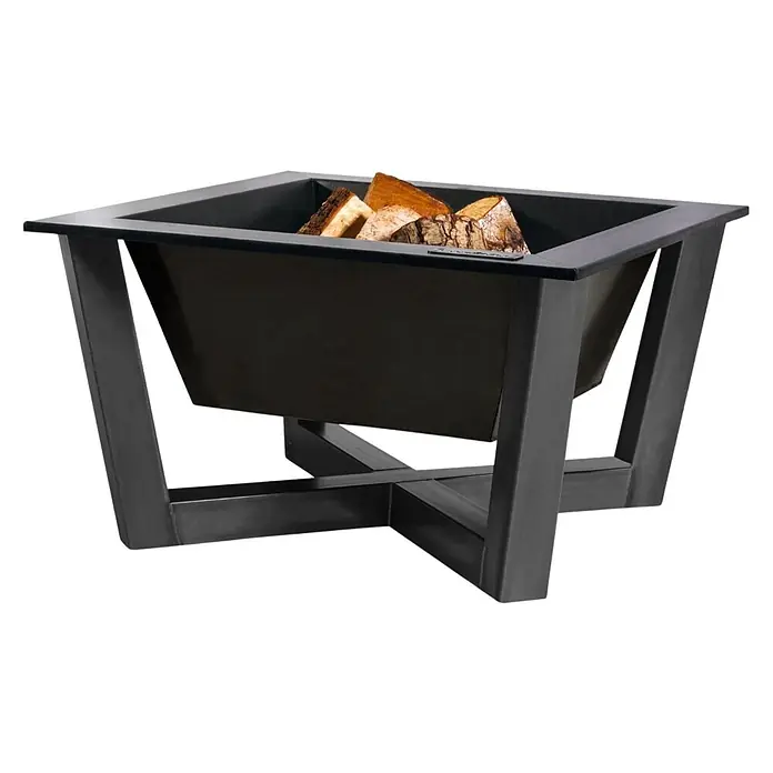 Bene on Fire Holzkohlegrill Nevada - Schwarz - Schwarze quadratische Metall-Feuerschale mit modernem Design, gefüllt mit Holzscheiten.