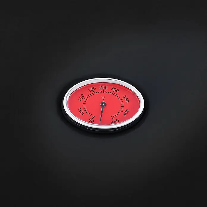 TAINO Gasgrill RED 6+1 -  - Rotes Ofenthermometer mit schwarzem Zeiger und silberner Lünette, zeigt Temperaturen in Celsius von 50 bis 450.