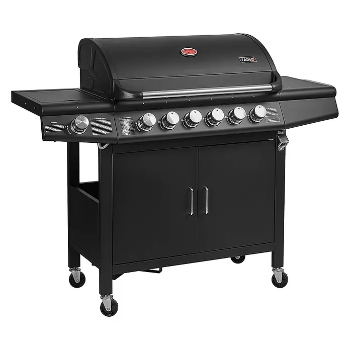 TAINO Gasgrill RED 6+1 -  - Schwarzer Metall-Gasgrill mit sechs Brennern, Ablagen, einem Stauschrank und Rollen.