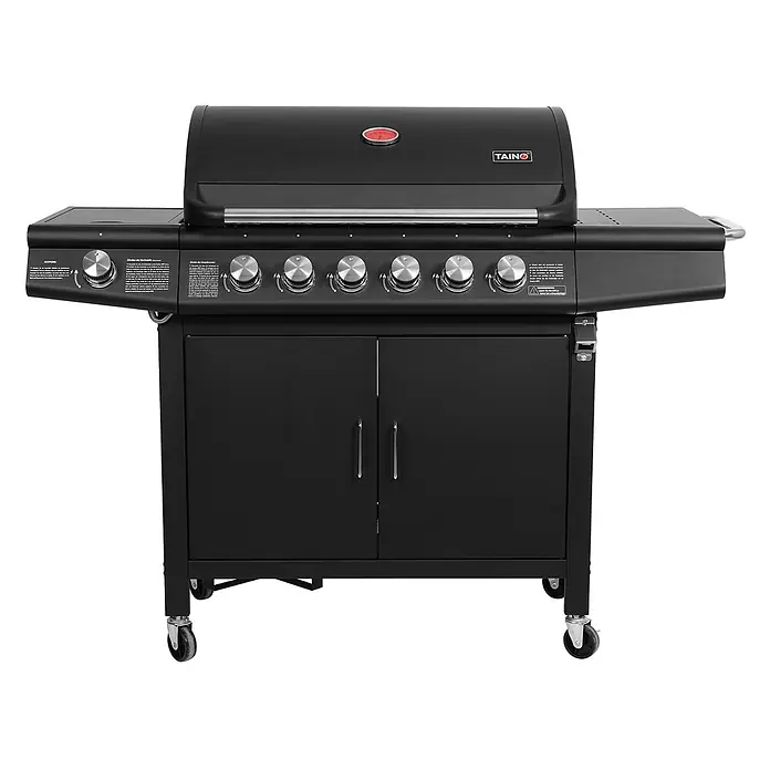 TAINO Gasgrill RED 6+1 -  - Schwarzer Gasgrill mit sechs Bedienknöpfen, zwei Seitenablagen und einem zweitürigen Unterschrank auf Rollen.
