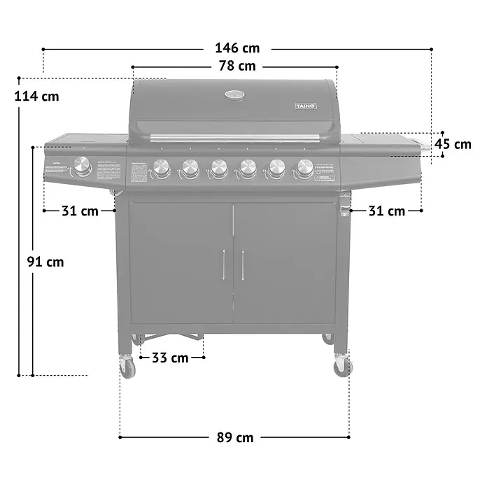 TAINO Gasgrill RED 6+1 -  - Schwarzer Gasgrill mit Seitenablagen und Stauraum, mit Maßen dargestellt.