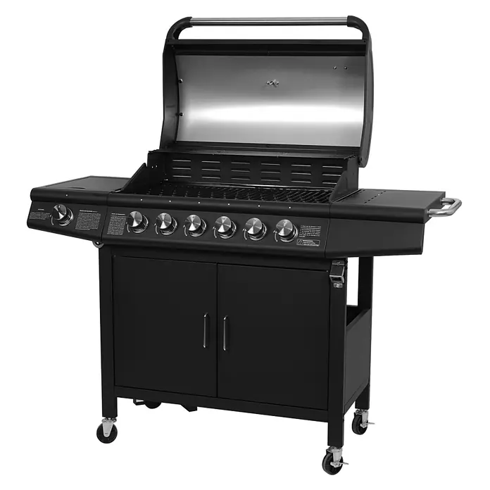 TAINO Gasgrill RED 6+1 -  - Schwarzer Gasgrill mit Edelstahlakzenten, sechs Brennern, Seitenablagen und einem Rollschrank.
