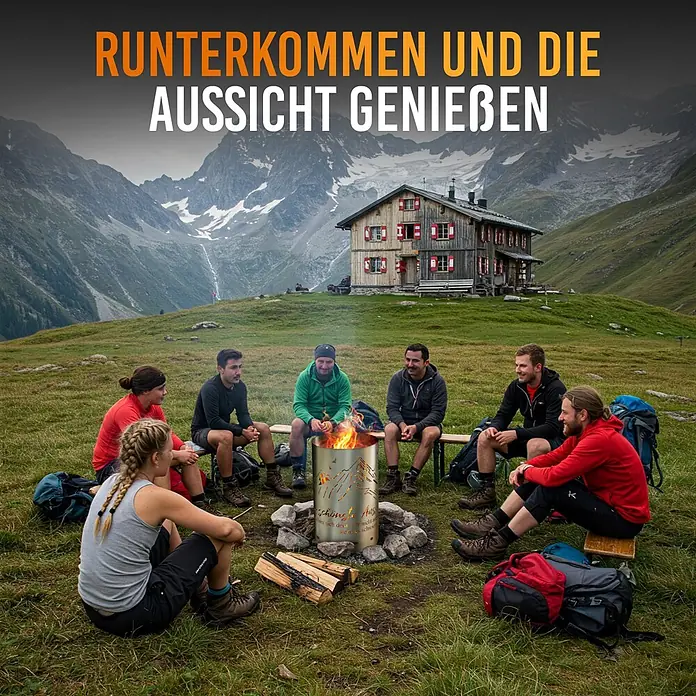 TiKo-Design Holzkohlegrill Feuertonne-Berge - Grau - Eine Gruppe sitzt um eine Feuertonne aus Metall mit Bergmotiv und Flammen in alpiner Landschaft.
