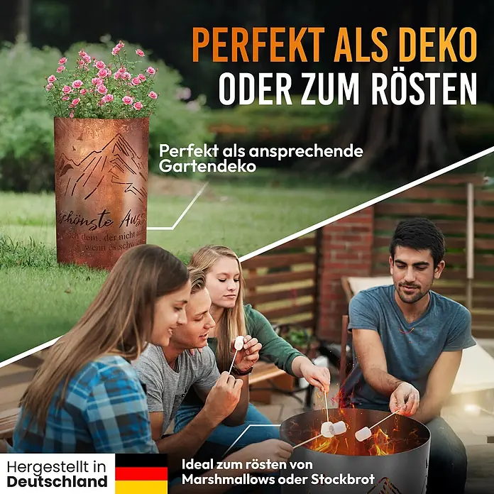 TiKo-Design Holzkohlegrill Feuertonne-Berge - Grau - Rostige Metall-Feuerschale/Pflanzgefäß mit Bergausschnitten, als Gartendeko mit Blumen und zum Rösten von Marshmallows verwendet.