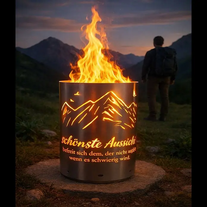 TiKo-Design Holzkohlegrill Feuertonne-Berge - Grau - Zylindrische Edelstahl-Feuerschale mit Berg- und Textausschnitten, die helle Flammen in einer stimmungsvollen Berglandschaft ausstrahlt.