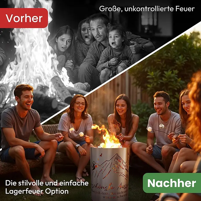 TiKo-Design Holzkohlegrill Feuertonne-Berge - Grau - Personen versammeln sich fröhlich um eine stilvolle Metall-Feuerstelle mit Bergausschnitten und rösten Marshmallows.