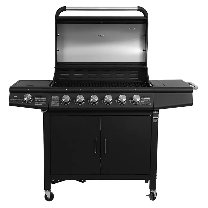 TAINO Gasgrill RED 6+1 -  - Schwarzer Gasgrill mit Edelstahldeckel innen, silbernen Bedienknöpfen, Seitenablagen und Rollunterschrank.