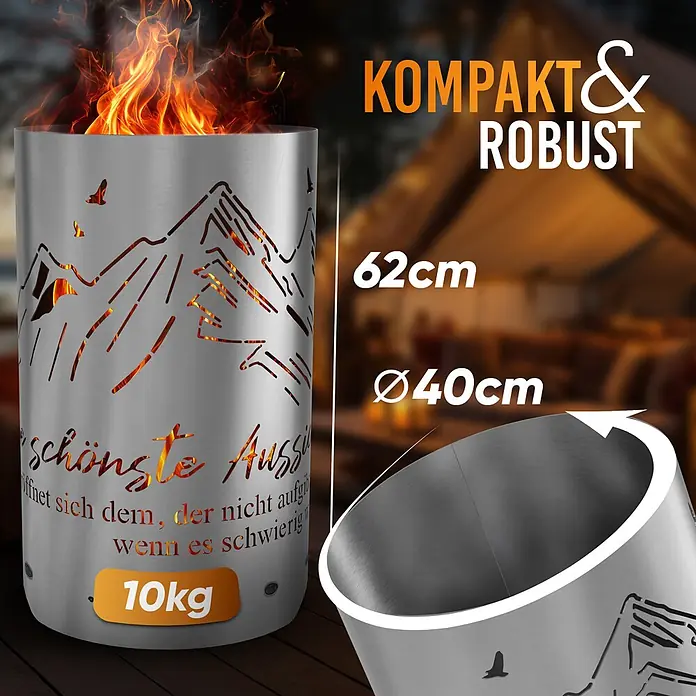 TiKo-Design Holzkohlegrill Feuertonne-Berge - Grau - Feuertonne aus Edelstahl mit gelaserten Berg- & Vogelmotiven, warm leuchtend. Maße: 62cm H, 40cm Ø, 10kg Gewicht.