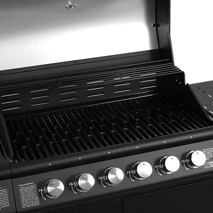 TAINO Gasgrill RED 6+1 -  - Offener schwarzer Gasgrill mit mehreren Brennern, Kochrosten, einem Warmhalterost und silbernen Bedienknöpfen.