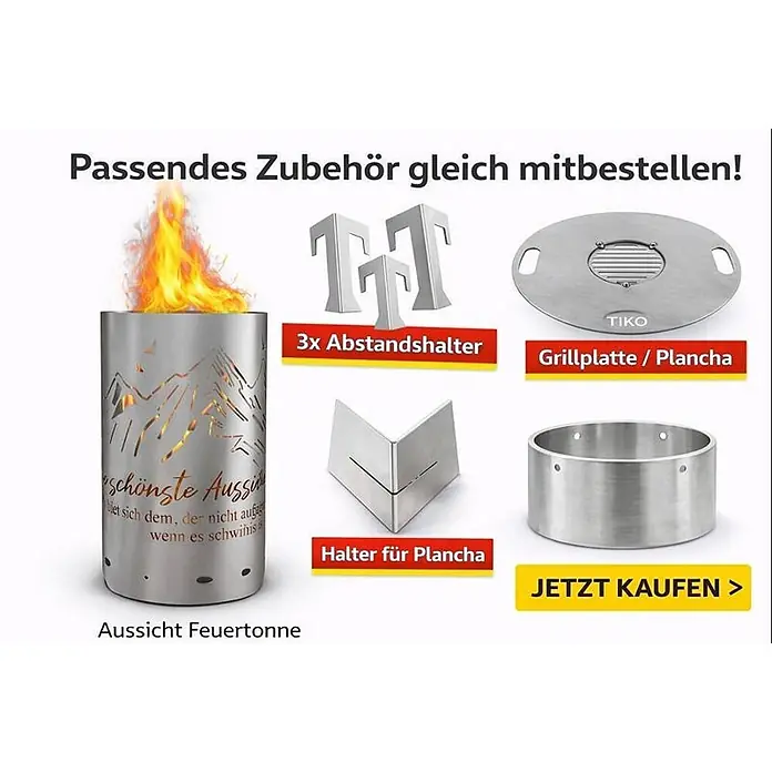 TiKo-Design Holzkohlegrill Feuertonne-Berge - Grau - Edelstahl-Feuertonne und passendes Metallzubehör: TIKO Grillplatte, Abstandshalter und Halterungen.