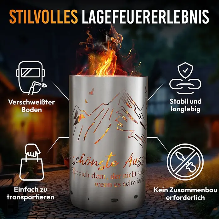 TiKo-Design Holzkohlegrill Feuertonne-Berge - Grau - Zylindrische silberne Metall-Feuerstelle mit Berg- und Vogel-Ausschnitten, in der Flammen brennen. Betont Haltbarkeit und Tragbarkeit.