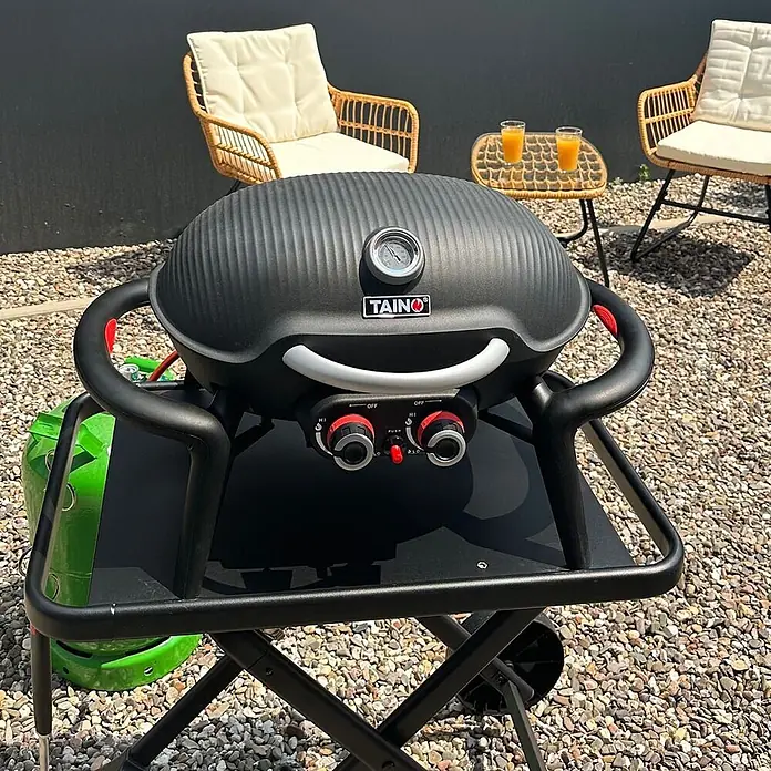 TAINO Gasgrill KENAI - 3,8 kW, Anzahl Brenner: 2 Stk. - Schwarzer Gasgrill mit silbernen Akzenten und geripptem Deckel auf einem tragbaren Ständer mit grüner Gasflasche auf einer Terrasse.