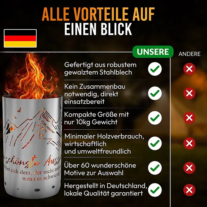 TiKo-Design Holzkohlegrill Feuertonne-Berge - Grau - Metall-Feuertonne mit Berg- und Vogelmotiven, die helle Flammen ausstößt. Mit deutschem Zitat.
