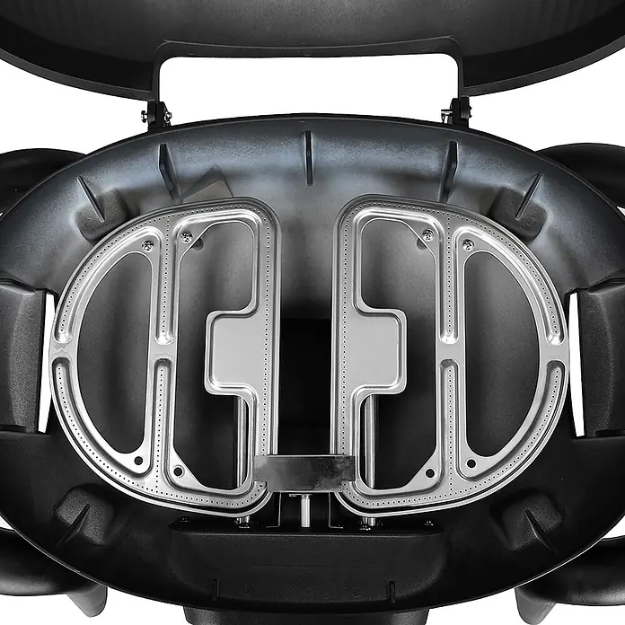 TAINO Gasgrill KENAI - 3,8 kW, Anzahl Brenner: 2 Stk. - Schwarzer Gasgrill-Innenraum mit zwei silbernen, D-förmigen Brennern.