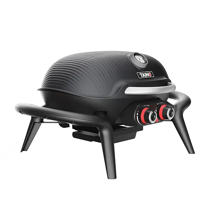 TAINO Gasgrill KENAI - 3,8 kW, Anzahl Brenner: 2 Stk. - Schwarzer tragbarer Gasgrill mit geripptem Deckel, silbernem Griff, zwei Bedienknöpfen und Temperaturanzeige, auf vier Beinen.