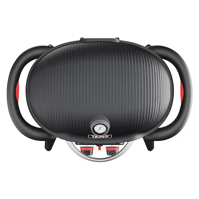 TAINO Gasgrill KENAI - 3,8 kW, Anzahl Brenner: 2 Stk. - Draufsicht auf einen schwarzen tragbaren Grill mit geripptem Deckel, roten Akzenten, Griffen, Temperaturanzeige und zwei Reglern.