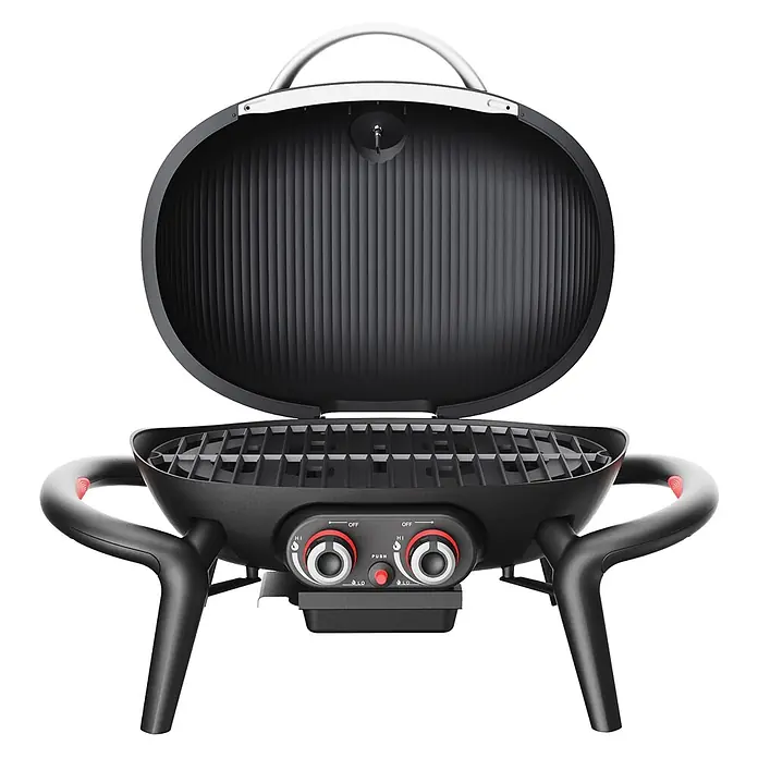 TAINO Gasgrill KENAI - 3,8 kW, Anzahl Brenner: 2 Stk. - Schwarzer tragbarer Gasgrill mit offenem Deckel, Rost, silbernem Griff und rot akzentuierten Reglern.