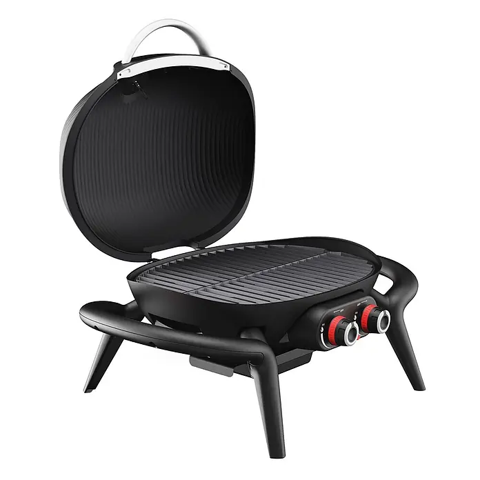 TAINO Gasgrill KENAI - 3,8 kW, Anzahl Brenner: 2 Stk. - Schwarzer tragbarer Grill mit offenem Deckel, Grillrosten, weißem Griff und rot-silbernen Bedienknöpfen.
